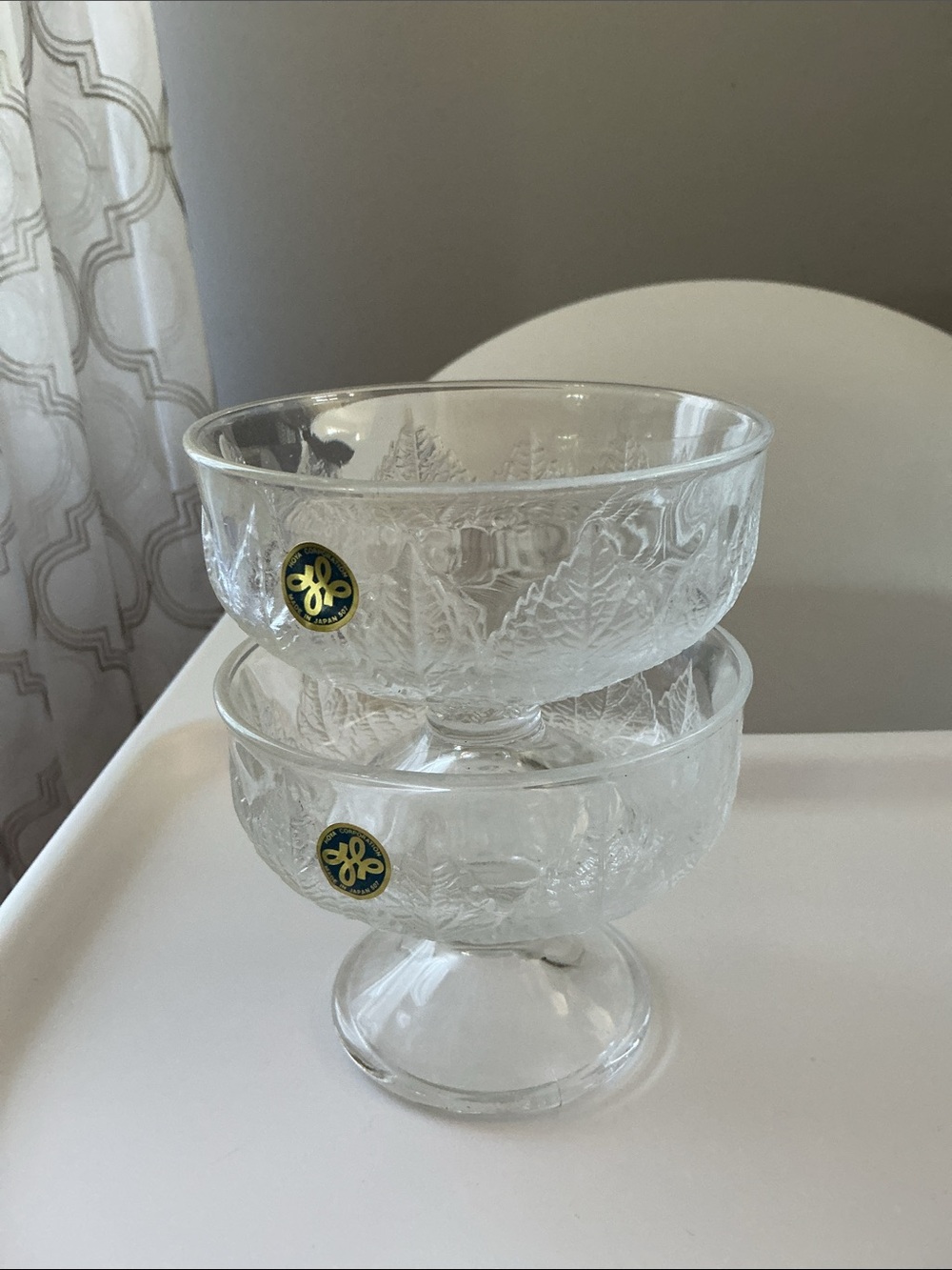 vintage Hoya Crystal glass dessert bowls from Japan, featuring an embossed leaf